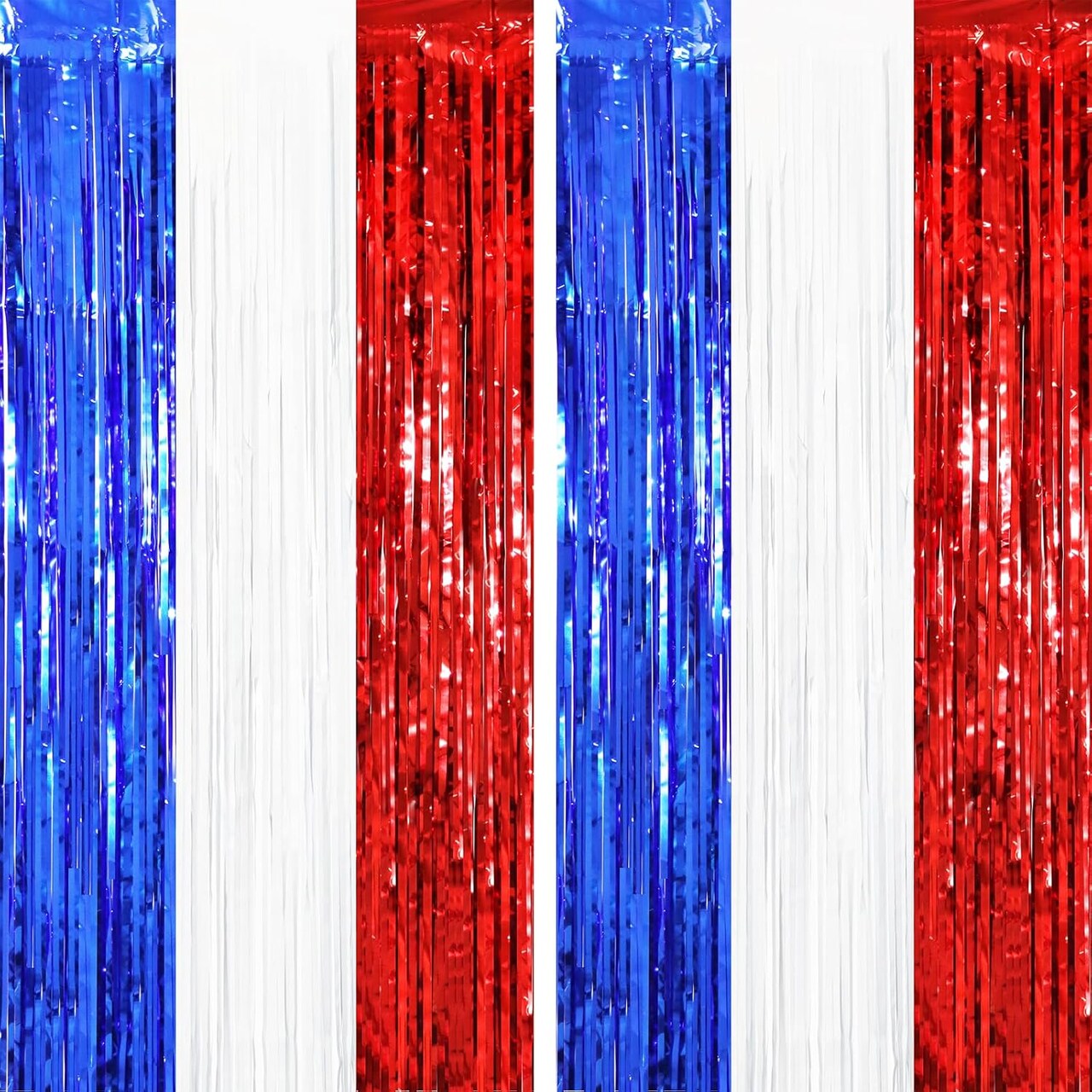 2 Pack Red White and Blue Tinsel Foil Fringe Curtains, 4th of July Decorations, Metallic Tinsel Party Streamers Backdrop for Patriotic, Memorial Day, Independence Day Party Decorations